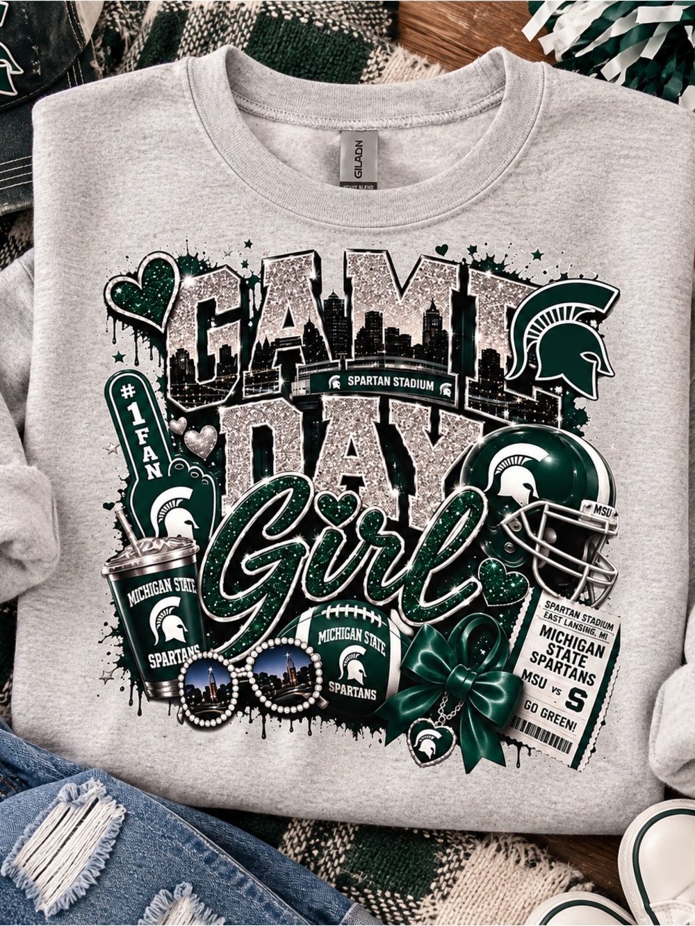 Gildan Gray Sweatshirt with Green and White Michigan State Game Day Girl Graphic